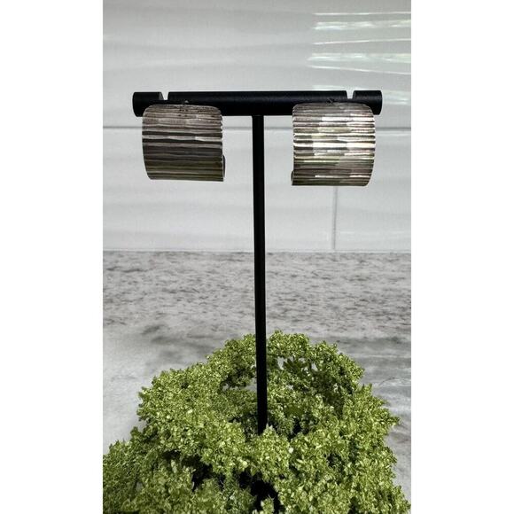 Vintage Taxco Mexico Sterling Silver Ribbed Wide Chunky Half Hoop Earrings - Picture 1 of 7